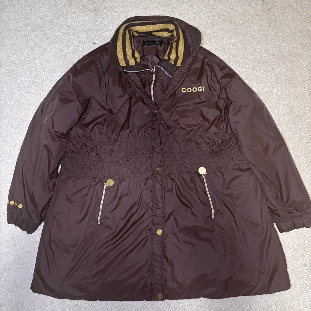 COOGI Brand 4x Logo Puffer Coat Brown Gold Full Zip Snap Button Hip Hop